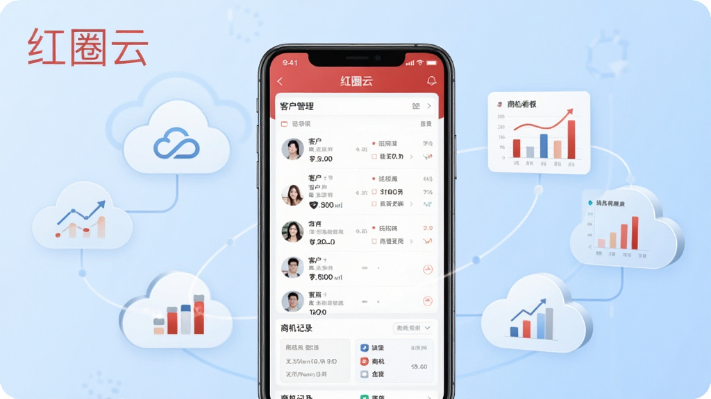 一张展示红圈云软件核心全貌的场景图,画面中央是一部智能手机,手机屏幕上显示红圈云APP的客户管理界面,包含客户列表、跟进记录和商机看板,手机周围环绕着云朵形状的数据图标和销售图表,背景为浅蓝色渐变,整体风格简洁商务,细节清晰,画质干净,无多余元素,图片中文字标注“红圈云”