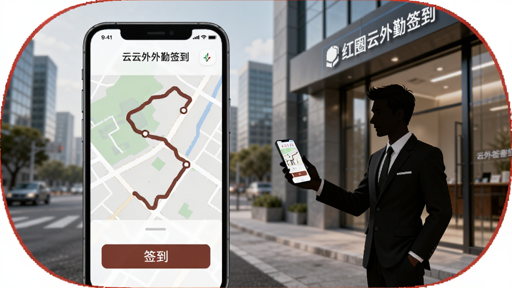 一幅AI生图,画面展示红圈云外勤签到功能,主体为手机屏幕显示地图轨迹和签到按钮,旁边有销售人员在客户公司门口用手机操作的剪影,背景为城市街道,风格写实商务,细节清晰,图中标注“红圈云外勤签到”,画质干净无多余元素