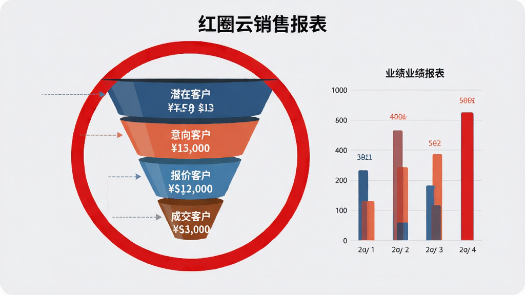一幅AI生图,画面中央为红圈云销售漏斗图表,漏斗从上到下分为“潜在客户”“意向客户”“报价客户”“成交客户”四层,每层标注数量和金额,右侧配有柱状业绩报表,背景为浅灰色,风格数据可视化商务,图中标注“红圈云销售报表”,画质干净无多余元素