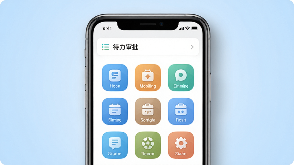 EMobile10移动办公软件主界面展示图,画面中央是一部智能手机,屏幕上显示待办审批列表与九宫格功能图标,背景为浅蓝色渐变,布局采用居中构图,风格简洁商务,细节上手机边缘有轻微阴影、图标圆润清晰,画质高清干净无多余元素