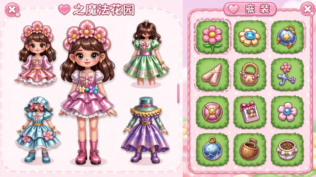 花花姑娘之魔法花园换装界面,左侧展示花花姑娘穿着不同风格服装的立绘,右侧是花园装饰物品栏,布局为左右分栏排版,风格为粉色系少女心UI设计,细节上服装带有光泽质感,画质高清,干净,无多余元素