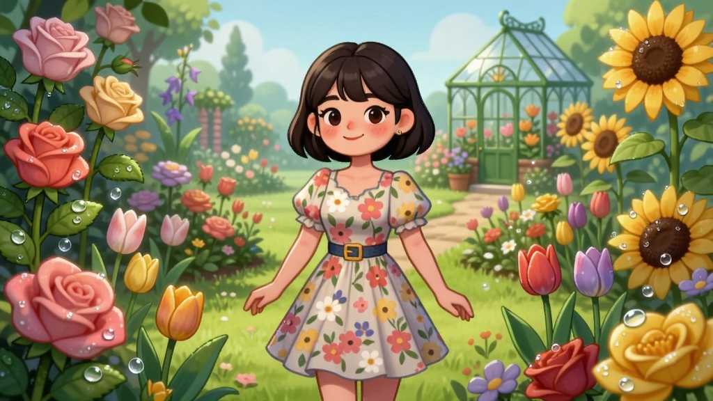 画面主体是一位身穿碎花裙的花花姑娘站在五彩缤纷的魔法花园中央,周围环绕着盛开的玫瑰、郁金香和向日葵,花园布局错落有致,远处有一座小巧的玻璃花房,排版采用中心构图,风格为清新治愈的卡通插画,细节上花朵带有露珠和微光,画质高清,干净,无多余元素