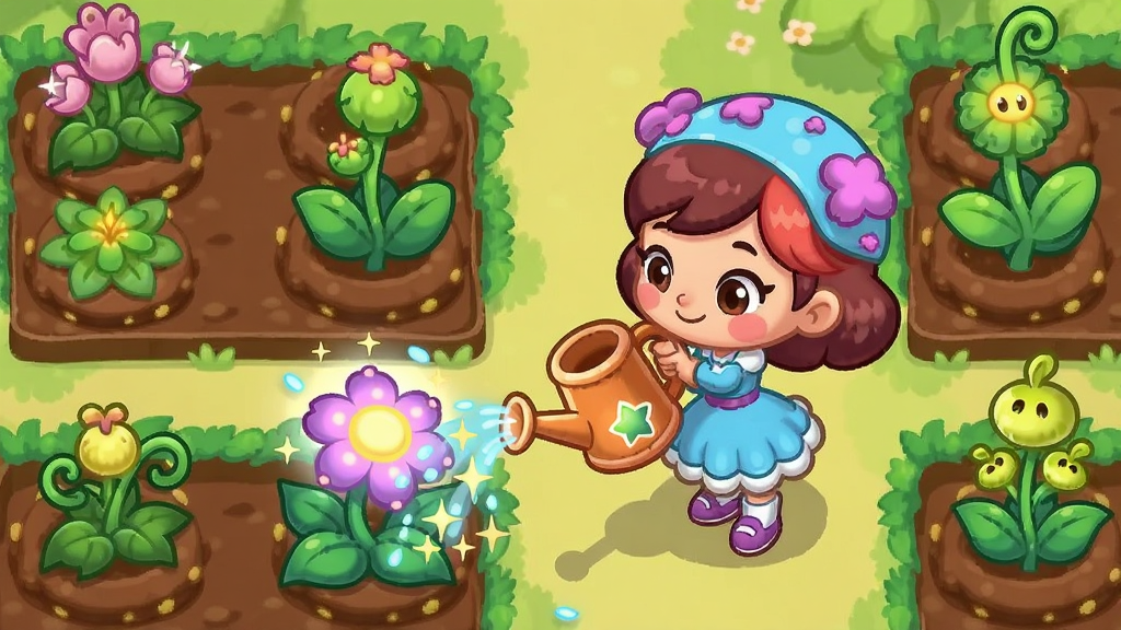 魔法花园中花花姑娘正手持魔法水壶浇灌一株发光的奇异花朵,花圃整齐排列着不同生长阶段的植物,布局为俯视视角展现花园全景,风格为明亮可爱的2D卡通,细节上水壶洒出的水滴带有星星特效,画质清晰,干净,无多余元素