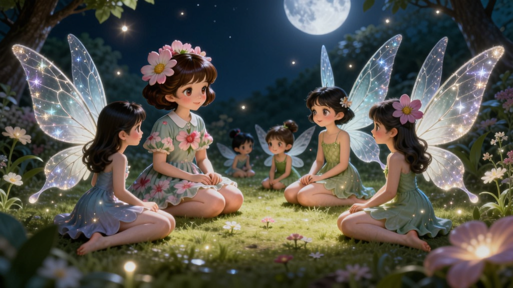 花花姑娘与几位小巧的花仙子在月光下的魔法花园中围坐交谈,花园里漂浮着发光的光点,布局为半圆形围坐构图,风格为梦幻童话插画,细节上花仙子翅膀半透明带有闪光,画质细腻,干净,无多余元素
