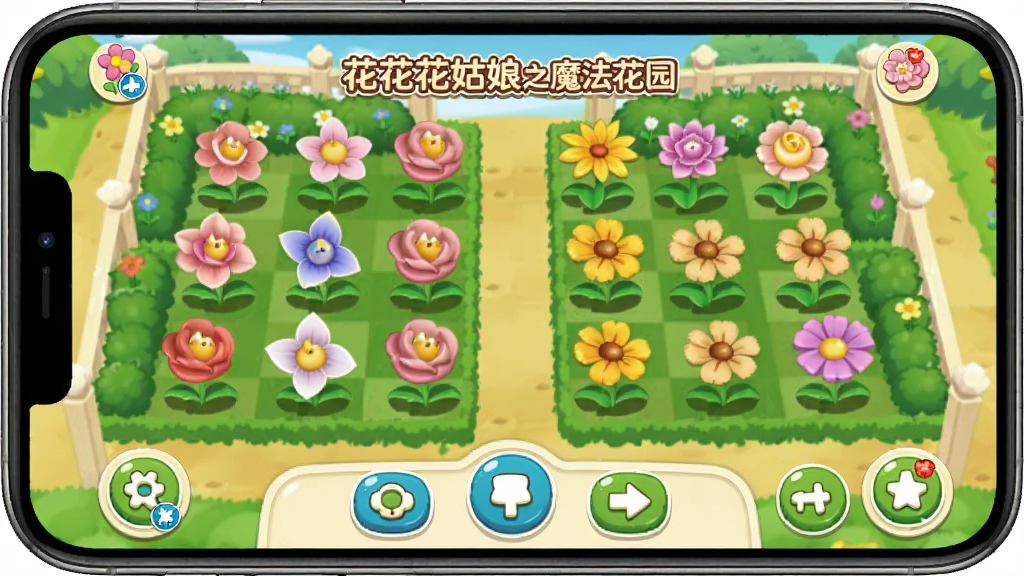 手机屏幕显示花花姑娘之魔法花园游戏界面,画面中花园整齐排列着不同种类的花卉,底部有操作按钮栏,布局为竖屏手游典型UI,风格为清新明亮的卡通风格,细节上界面干净无杂乱图标,画质清晰,干净,无多余元素