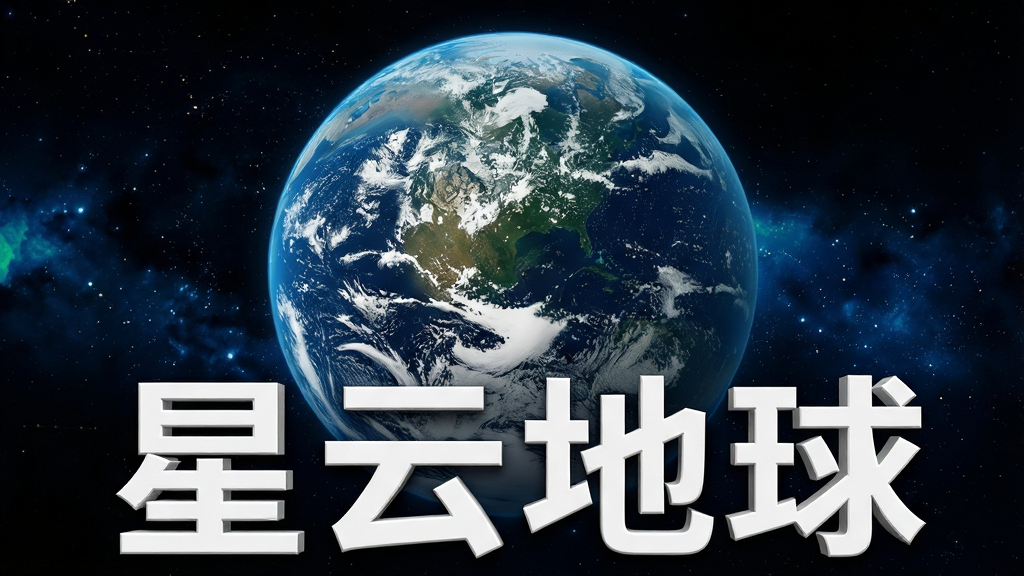 一幅展示地球全貌的高清卫星图像,画面中央是蓝绿交织的地球球体,背景为深邃星空,地球表面可见大陆轮廓与云层纹理,画面下方有「星云地球」四个白色立体字,整体风格写实、干净、无多余元素,画质清晰,布局居中排版,主体突出,细节丰富,适合作为软件展示头图