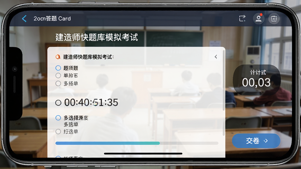 建造师快题库模拟考试界面,手机横屏显示考试答题卡和计时器,屏幕上有单选题和多选题选项,背景为考场场景,布局为上方题目下方选项,风格为严肃考试类界面设计,细节包括倒计时数字、答题进度条和交卷按钮,画质清晰无干扰元素