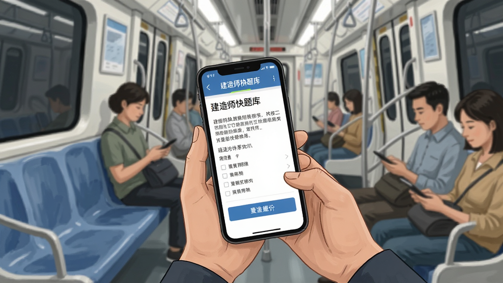 建造师快题库离线刷题场景,画面为地铁车厢内一名乘客手持手机刷题,手机屏幕显示建造师快题库答题界面,周围有座位和其他乘客,布局为人物居中的横向构图,风格为写实生活插画,细节包括手机上的题目文字和选项按钮,画质清晰干净,无多余元素