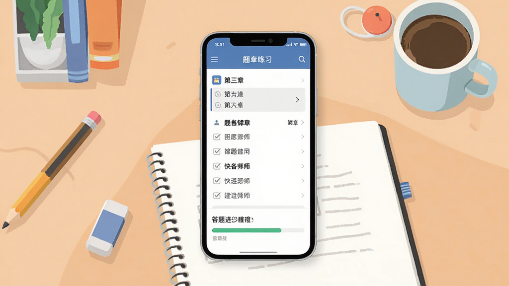 建造师快题库软件主界面展示,画面中央放置一部智能手机,手机屏幕显示题库练习界面,包含章节列表和答题进度条,背景为书桌与笔记本,整体布局简洁明快,风格为现代扁平插画,细节包括铅笔、橡皮、咖啡杯等学习元素,画质清晰干净,无多余装饰元素