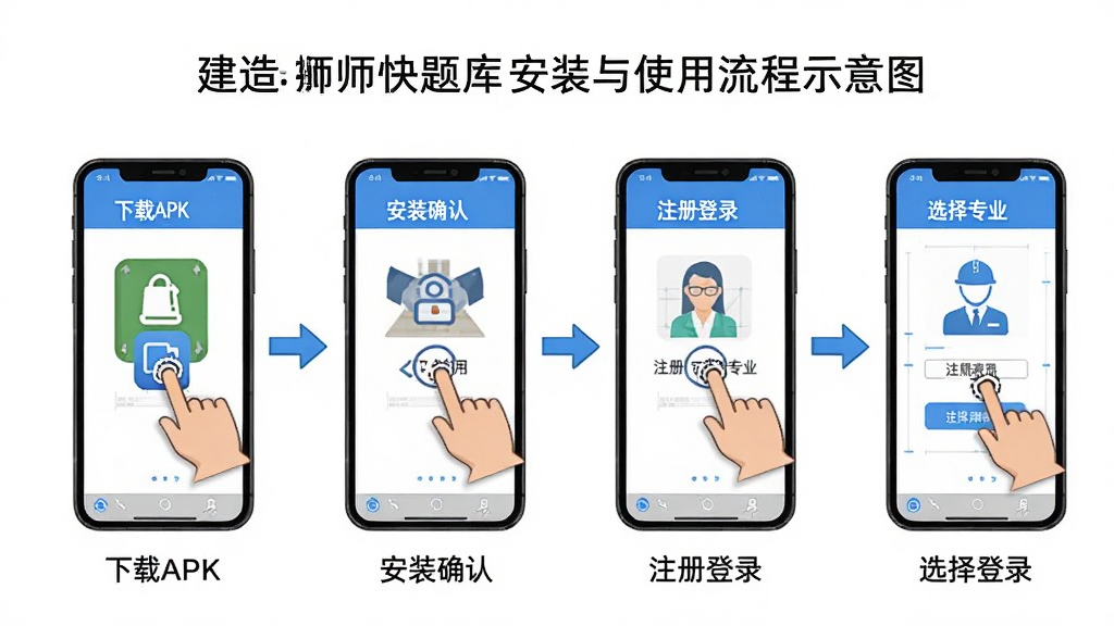 建造师快题库安装与使用流程示意图,画面为手机屏幕操作步骤分解,包含下载APK、安装确认、注册登录、选择专业四个步骤,布局为横向流程图形式,风格为简洁教程插画,细节包括手指点击图标和箭头引导线,画质清晰干净,无多余装饰