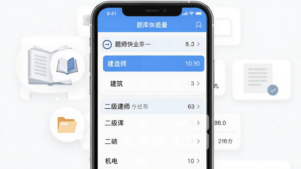 建造师快题库题库分类界面,手机屏幕展示一级建造师和二级建造师各专业分类菜单,包含建筑、市政、机电等选项,旁边有书本和文件夹图标,布局为纵向列表形式,风格为清新教育类UI设计,细节包括选中高亮效果和题量数字标注,画质干净清晰,无杂乱元素