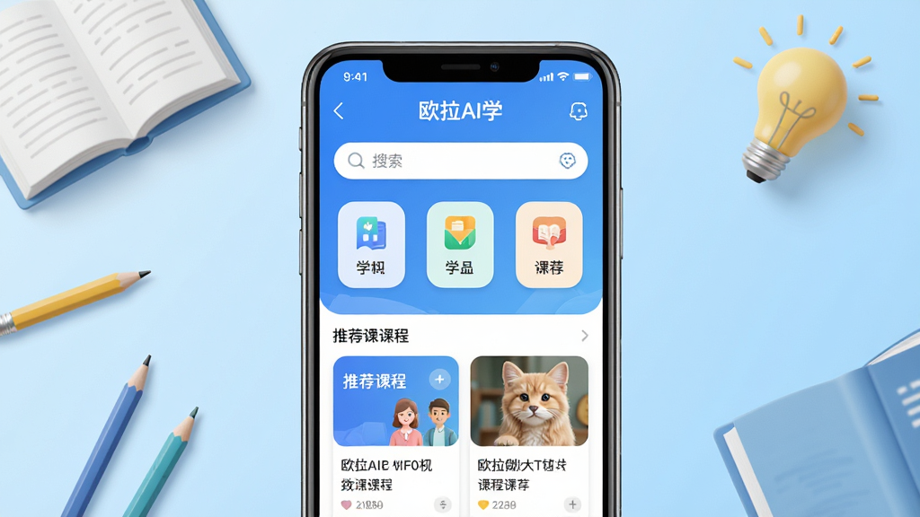 欧拉AI学软件主界面全貌展示,画面中央放置一部智能手机,屏幕显示欧拉AI学App的首页,包含学科分类图标、搜索框和推荐课程卡片,背景为浅蓝色渐变,周围点缀书本、铅笔、灯泡等学习元素,整体风格清新简洁,布局居中,排版清晰,细节丰富,画质高清,干净无多余元素
