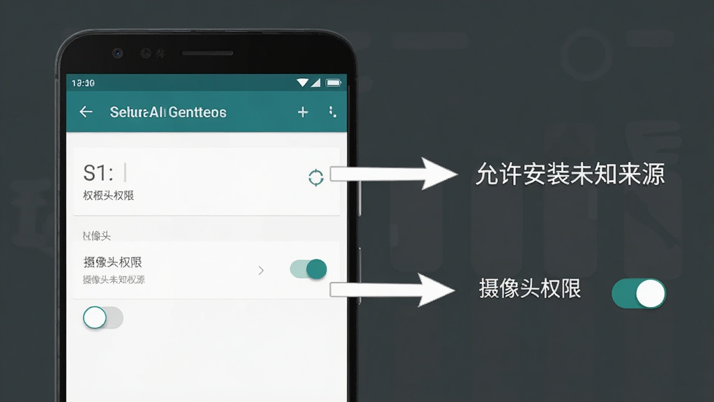 欧拉AI学移动端安装与权限设置示意图,画面展示一部安卓手机屏幕,显示设置中的权限管理页面,旁边有箭头指向“允许安装未知来源”和“摄像头权限”开关,背景简洁,风格扁平化,布局清晰,细节准确,画质清晰,干净无多余元素
