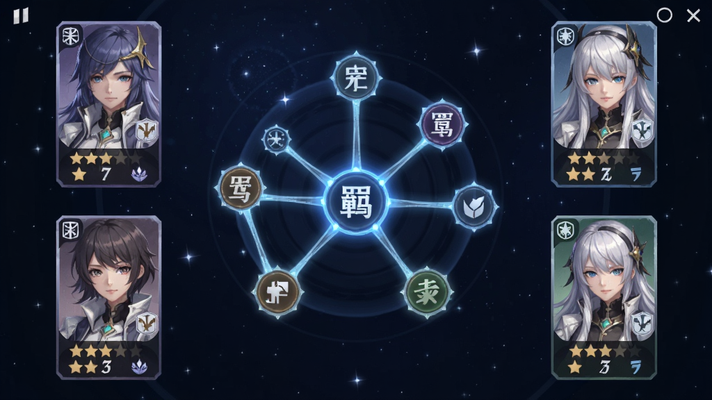 深鸢角色养成界面,六名不同职业的角色卡牌呈环形排列,中央是发光的羁绊连线图,每张卡牌下方有星级与属性图标,背景为深蓝色星空,界面风格简洁现代,排版清晰有序,画质干净,无多余元素