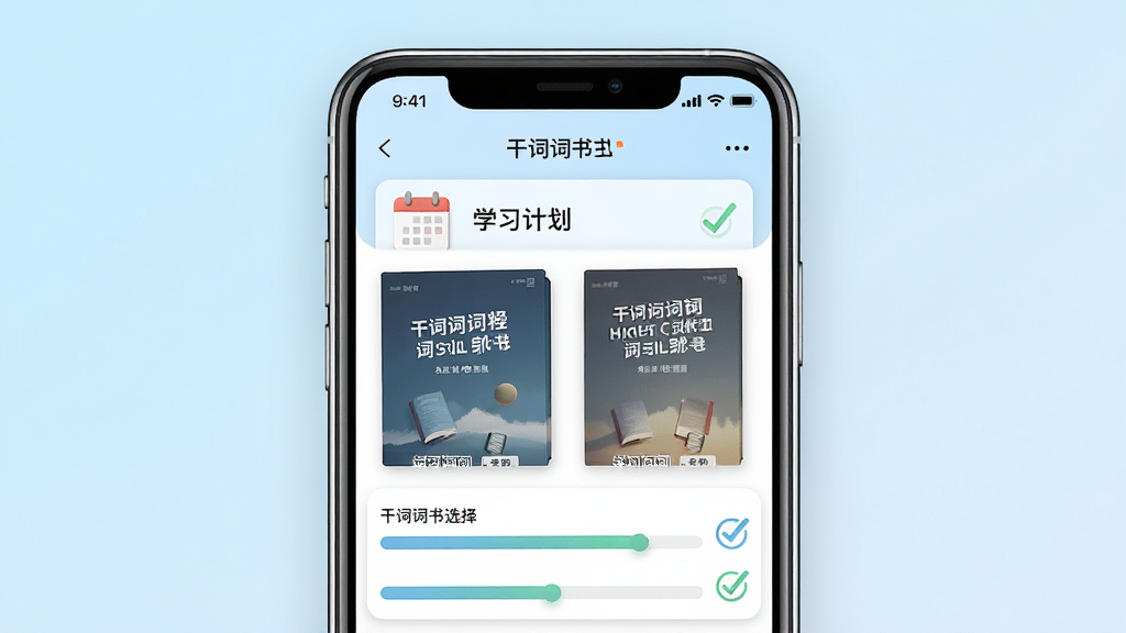 一张展示干词词书选择与学习计划界面的图片,画面中央为手机屏幕,屏幕上显示多种词书封面和进度条,背景为淡蓝色渐变,布局采用上下分层结构,风格为清新学习风,细节上突出日历图标和打卡标记,画质高清,画面干净,无多余元素