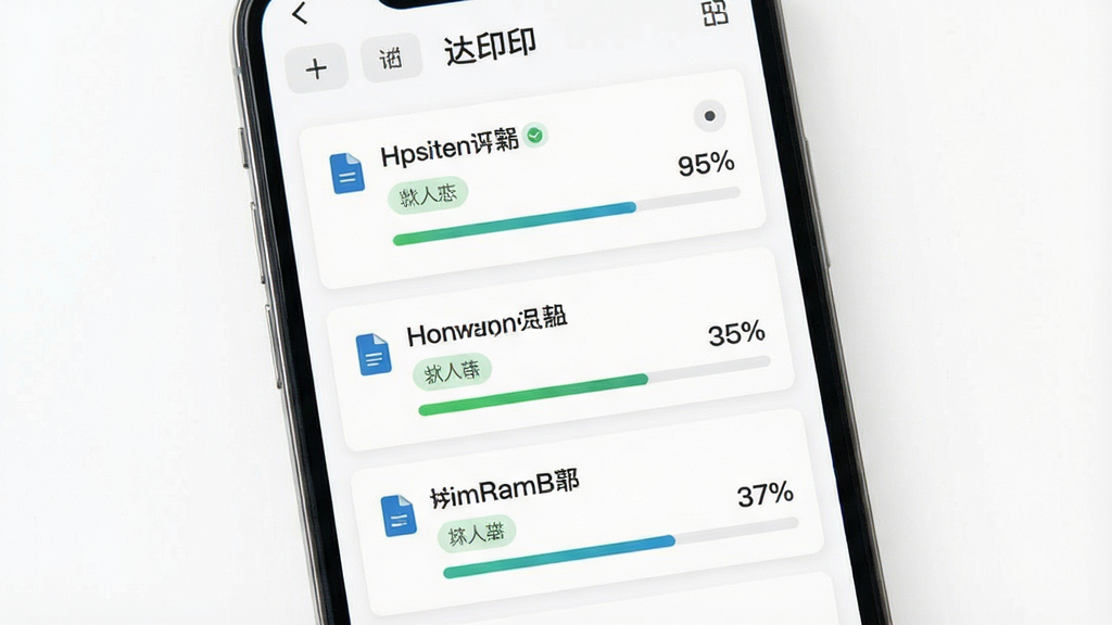 一张展示达印软件打印任务管理界面的图片,画面主体为手机屏幕显示任务列表和进度条,布局采用纵向列表式,风格为清爽的卡片式设计,细节包括每个任务卡片上有文件名、状态标签和进度百分比,画质清晰干净,背景为白色,无多余元素。