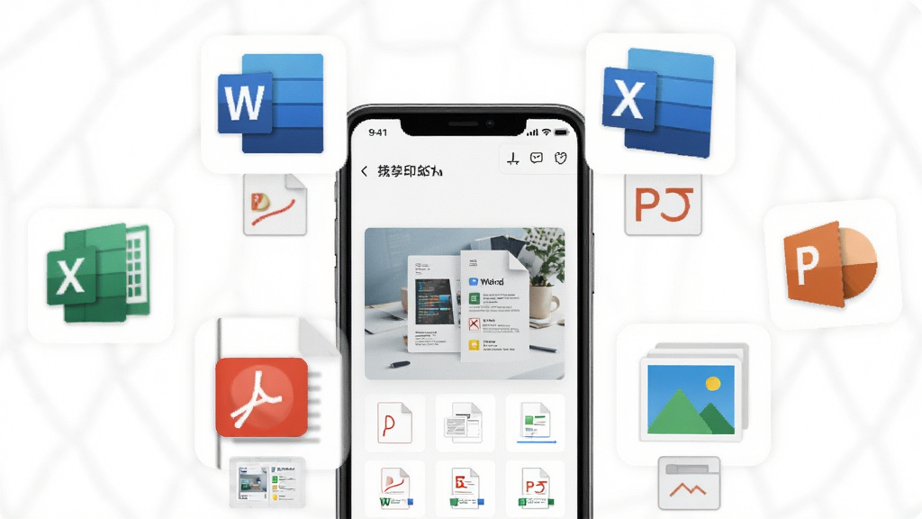 一张展示达印软件多格式文档兼容能力的图片,画面中手机屏幕周围漂浮着PDF、Word、Excel、PPT和图片格式的图标,布局采用环绕式构图,风格为现代扁平化设计,细节包括每个图标下方有对应的文件缩略图,手机屏幕显示预览界面,画质清晰干净,无多余装饰元素。