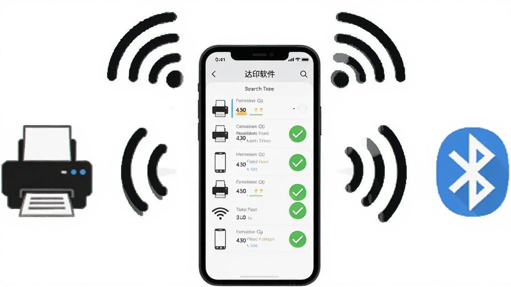 一张展示达印软件无线连接功能的示意图,画面主体是一部手机屏幕显示设备搜索列表,周围环绕着WiFi信号波纹图标和蓝牙标识,布局采用中心辐射式,风格为简洁的矢量图标设计,细节包括打印机图标、手机图标、连接成功的绿色对勾,画质高清,背景干净无杂乱元素。