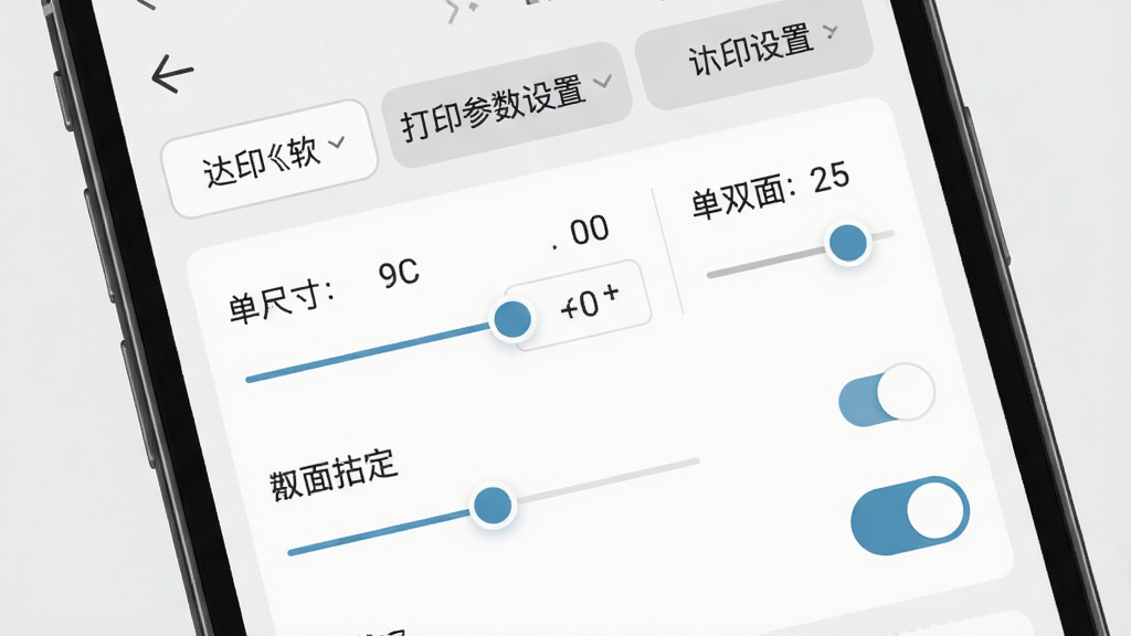 一张展示达印软件打印参数设置界面的图片,画面主体为手机屏幕显示纸张尺寸、份数、单双面等选项滑块和按钮,布局采用上下结构,上方为参数分类标签,下方为具体调节控件,风格为极简UI设计,细节包括清晰的数值显示和切换开关,画质高清,背景为浅灰色,干净整洁。