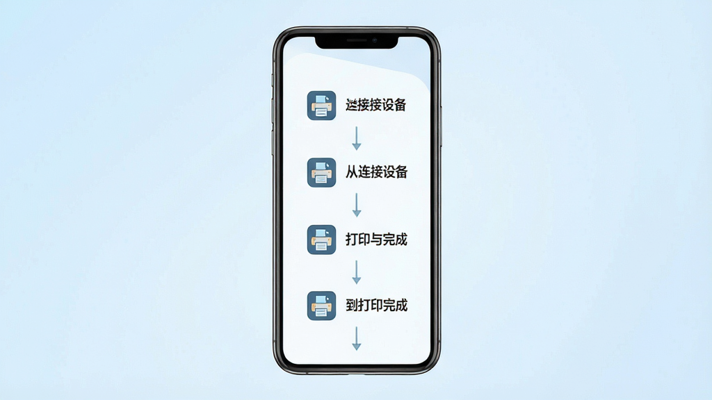 一张展示达印软件在手机上操作步骤的示意图,画面主体为手机屏幕显示从连接设备到打印完成的流程步骤,布局采用纵向流程图形式,风格为简洁明快的扁平化设计,细节包括每一步的图标和简短文字标注,画质清晰干净,背景为浅蓝色渐变,无多余元素。