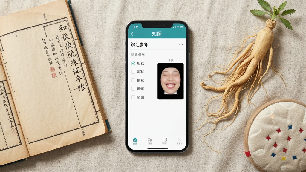 画面中央是一部竖屏智能手机,手机屏幕内展示知医软件的问诊界面,界面中包含症状勾选列表与舌象采集框,手机左侧放置一本翻开的中医古籍,右侧摆放一株人参和一只脉枕,背景为浅米色棉麻质感桌面,整体布局采用俯视平铺视角,风格为写实静物摄影,细节包含屏幕UI文字“知医”与“辨证参考”,画质清晰干净,无多余元素