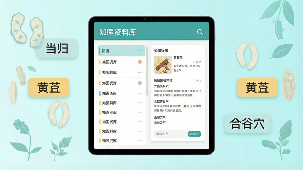画面中心是一台平板电脑竖立放置,屏幕显示知医软件的资料库检索界面,左侧为词条列表,右侧为详情卡片,平板周围环绕着漂浮的中药名称标签“当归”“黄芪”“合谷穴”,背景为淡青色渐变,布局采用居中对称构图,风格为扁平化信息图,细节包含屏幕上的“知医资料库”标题与搜索图标,画质清晰干净,无多余元素