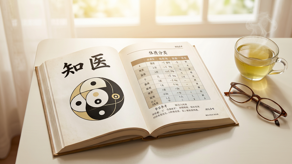 画面为一本翻开的中医入门书籍平放在浅色桌面上,书页左侧印有“知医”二字与阴阳五行图案,右侧页面展示体质分类表格,书本旁边放着一副老花镜和一杯清茶,背景为柔和的自然光从窗户斜射进来,布局采用居中俯拍,风格为文艺静物摄影,细节包含书页上的“辨证参考”小字与茶杯热气,画质温暖干净,无多余元素