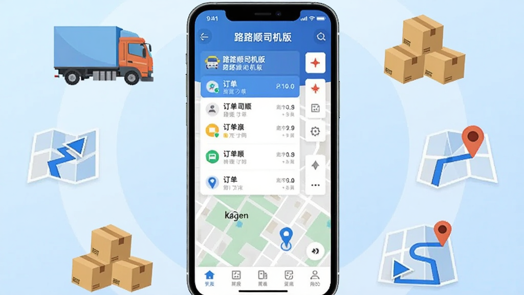 画面中央展示一部智能手机,屏幕上显示路路顺司机版应用的主界面,界面中有订单列表和地图导航元素,手机周围环绕货车、货物纸箱、导航路线图标等元素,布局为手机居中、元素呈环形分布,排版清晰有序,风格为现代扁平化科技风,细节上手机屏幕有