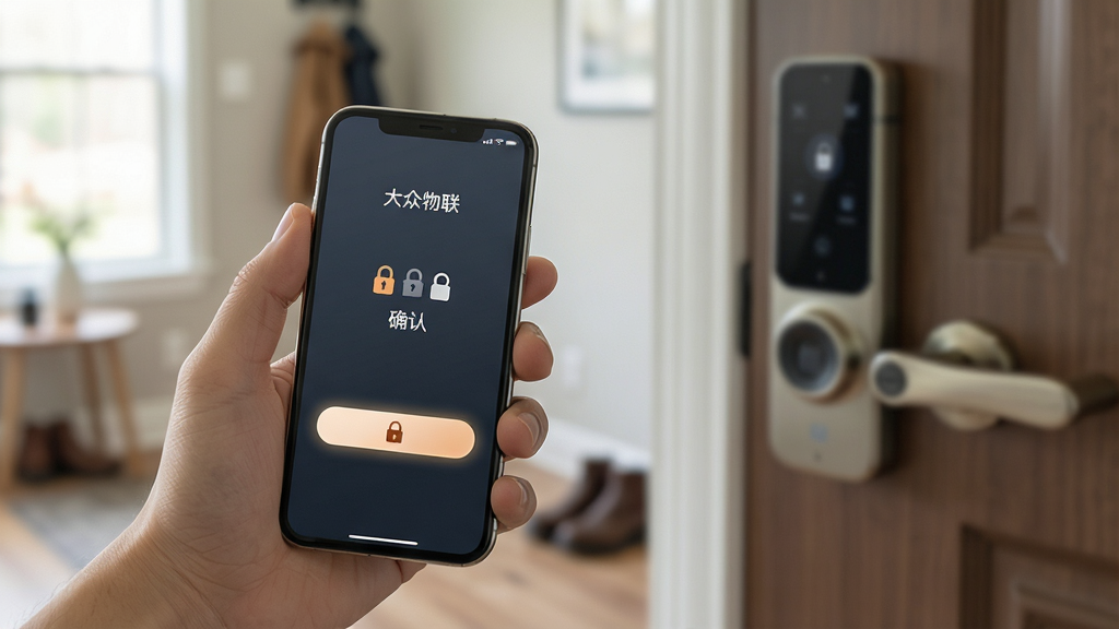 一张展示大众物联远程操控功能的场景图,主体为一只手拿着手机,手机屏幕显示远程开锁确认界面,背景为家庭玄关场景虚化处理,布局为前景清晰背景虚化的构图,风格为写实生活摄影风,细节包括手机屏幕上的开锁按钮高亮、背景中隐约可见的智能门锁,画质高清,画面干净,无多余元素,图片中文字为“大众物联”