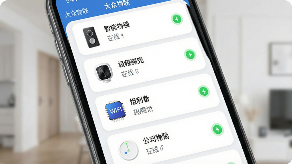 一张展示大众物联App多设备统一管理界面的示意图,主体为手机屏幕特写,屏幕中显示设备列表页面,包含智能门锁、摄像头、WiFi模块等设备卡片,每个卡片上带有在线状态指示灯,布局为纵向列表式排版,风格为清爽的UI界面写实风,细节包括卡片圆角设计、绿色在线标识、简洁的图标,画质清晰,画面干净,无多余元素,图片中文字为“大众物联”