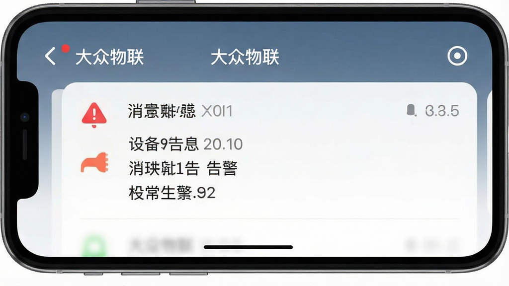 一张展示大众物联消息告警推送功能的界面图,主体为手机屏幕显示通知中心界面,通知内容为设备异常告警信息,布局为手机界面居中展示,风格为扁平化UI设计风,细节包括红色告警图标、消息时间戳、设备名称文字,画质清晰,画面干净,无多余元素,图片中文字为“大众物联”