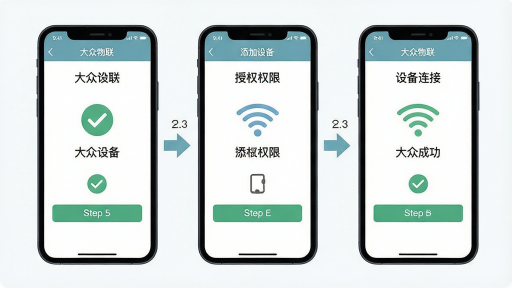 一张展示大众物联手机端操作步骤的示意图,主体为手机屏幕从左到右展示三个操作步骤界面,分别为添加设备、授权权限、设备连接成功,布局为横向三屏排列,风格为扁平化教程插图风,细节包括步骤编号箭头、勾选图标、WiFi信号图标,画质清晰,画面干净,无多余元素,图片中文字为“大众物联”