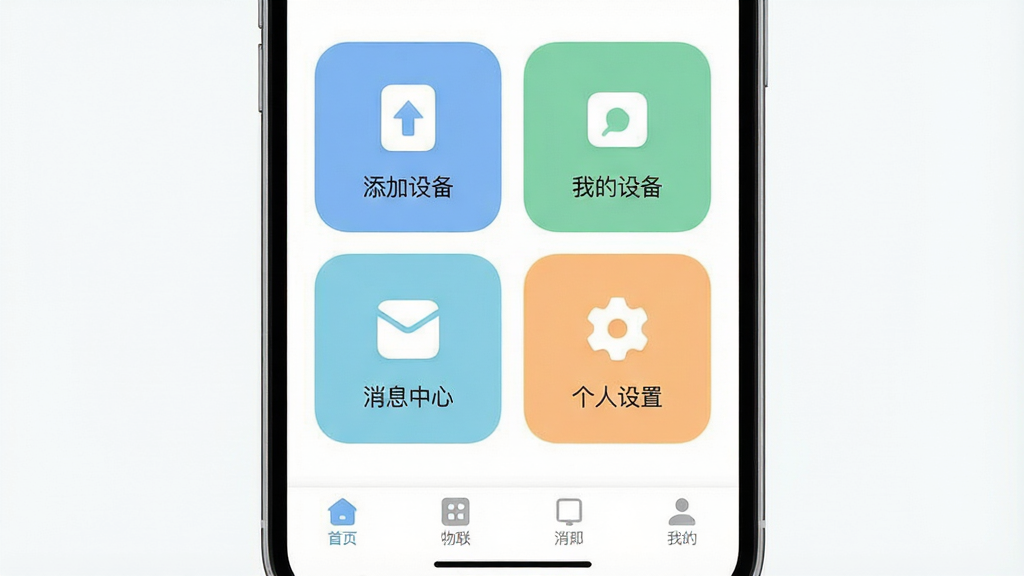 一张展示大众物联简洁操作界面的示意图,主体为手机屏幕显示App首页大图标布局,包含添加设备、我的设备、消息中心、个人设置四个大按钮,布局为田字格排列,风格为清新简约扁平风,细节包括柔和的配色、圆润的图标边角、底部导航栏,画质清晰,画面干净,无多余元素,图片中文字为“大众物联”