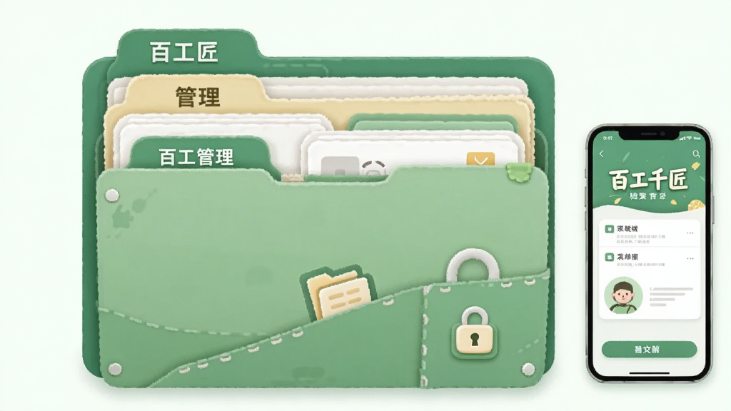 一幅AI生图,画面展示一个打开的档案夹,内部有分类标签和文件卡片,手机屏幕显示