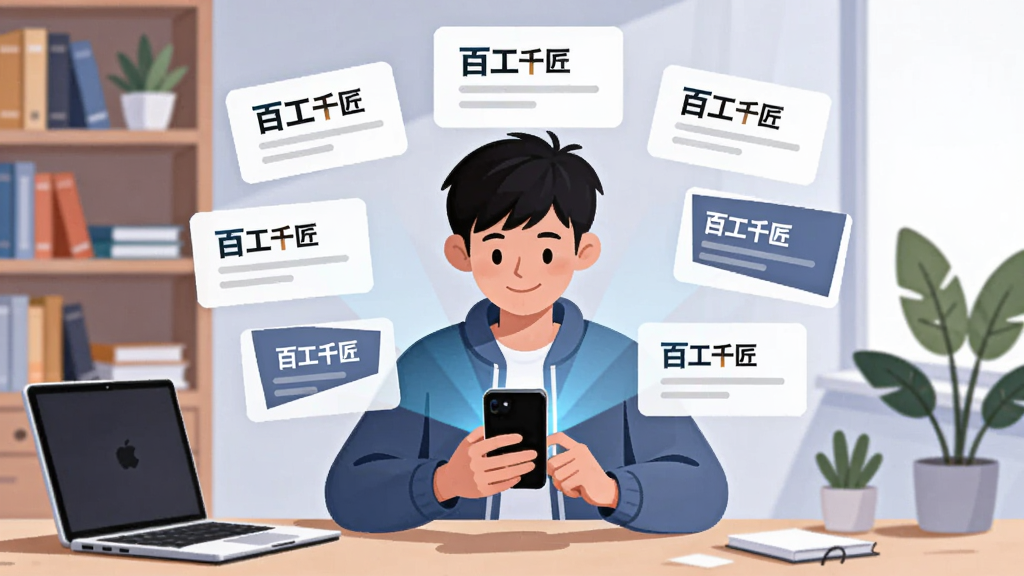 一幅AI生图,画面主体为一位年轻学生坐在书桌前使用手机,手机屏幕投射出多个岗位卡片悬浮在空中,卡片上标注