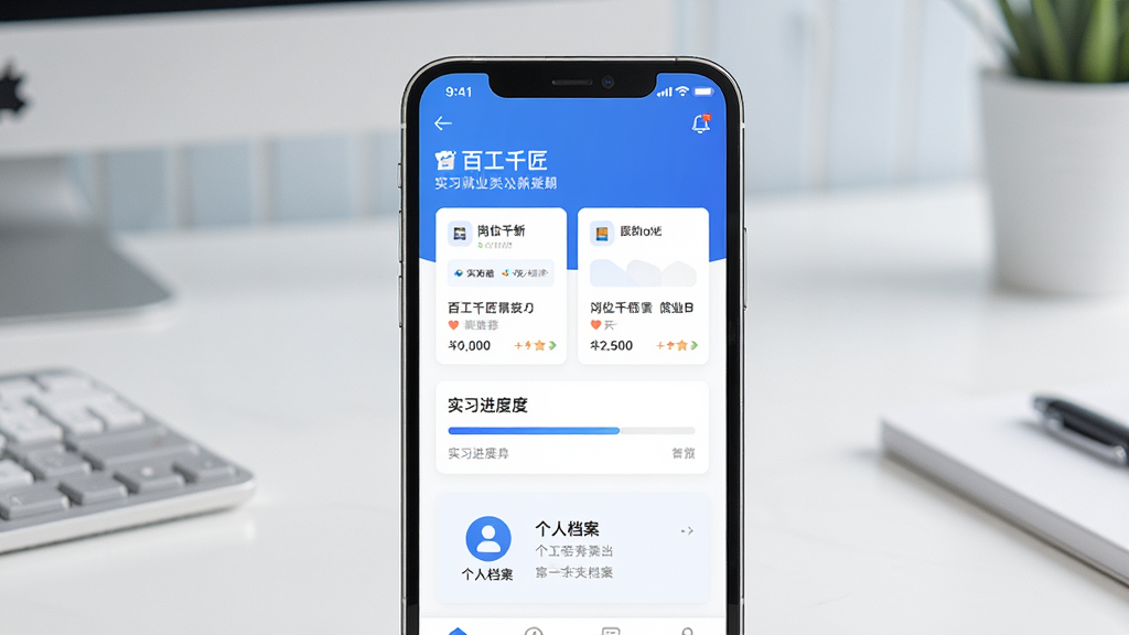 一张展示手机应用界面的图片,画面中央是一部现代智能手机,手机屏幕上显示着一款名为