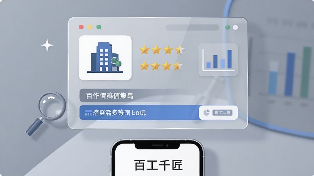 一幅AI生图,画面主体为一块透明的信息面板,面板上显示企业大楼图标、星级评价和文字信息条,手机屏幕在面板下方显示