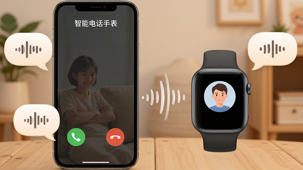 一张表现智能电话手表通话功能的AI生成图,画面中心是一部智能手机和一只智能手表并排摆放,手机屏幕上显示着通话界面,有接听与挂断按钮,手表的表盘上显示着来电头像,两者之间用声波纹理连接,布局采用左右对称构图,风格为温馨家庭科技风,细节上手机和手表周围有柔和的对话气泡,气泡内有声波符号,画质高清,画面干净,无多余元素,图片中可包含文字“智能电话手表”在手机屏幕上方。