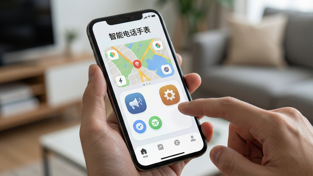 一张展示智能电话手表应用操作界面的AI生成图,画面主体为一部智能手机,屏幕上显示着应用的主界面,界面中有地图模块、功能图标和底部导航栏,手机旁边有一只手正在点击屏幕,布局采用手持视角,风格为真实生活场景风,细节上手机界面清晰,图标圆润,背景为虚化的室内环境,画质高清,画面干净,无多余元素,图片中可包含文字“智能电话手表”在屏幕顶部。