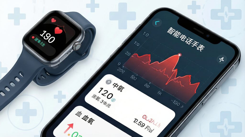 一张展示智能电话手表健康监测功能的AI生成图,画面主体为一部智能手机,屏幕上显示着心率曲线图和血氧数据卡片,手机旁边放置着一只智能手表,手表表盘上显示着心率数值,布局采用对角线构图,手机在右下,手表在左上,风格为清新医疗科技风,细节上心率曲线为红色渐变,数据卡片为白色圆角,背景有淡淡的十字医疗符号,画质高清,画面干净,无多余元素,图片中可包含文字“智能电话手表”在屏幕顶部。