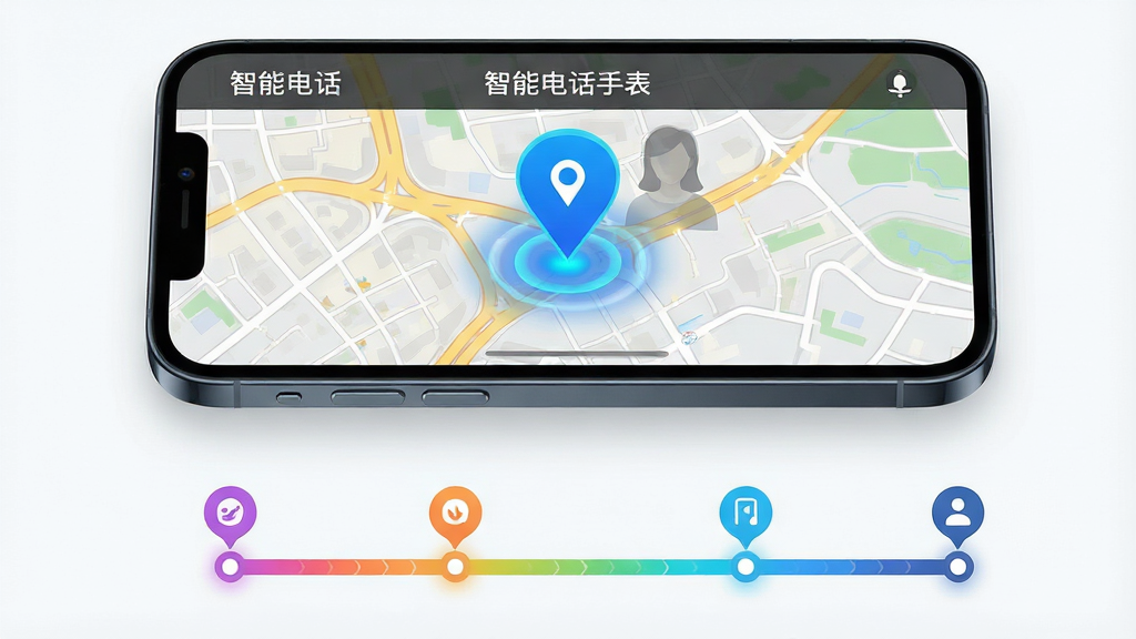 一张展示智能电话手表定位功能的AI生成图,画面主体为一部智能手机屏幕,屏幕上显示着城市地图界面,地图上有一个醒目的蓝色定位标记点,标记点旁有半透明的人物轮廓,手机下方延伸出一条彩色轨迹线,串联起多个时间节点图标,布局采用上下结构,上方为手机,下方为轨迹延伸,风格为现代简约科技风,细节上地图道路清晰,标记点有脉冲光晕效果,画质高清,画面干净,无多余元素,图片中可包含文字“智能电话手表”作为界面标题。