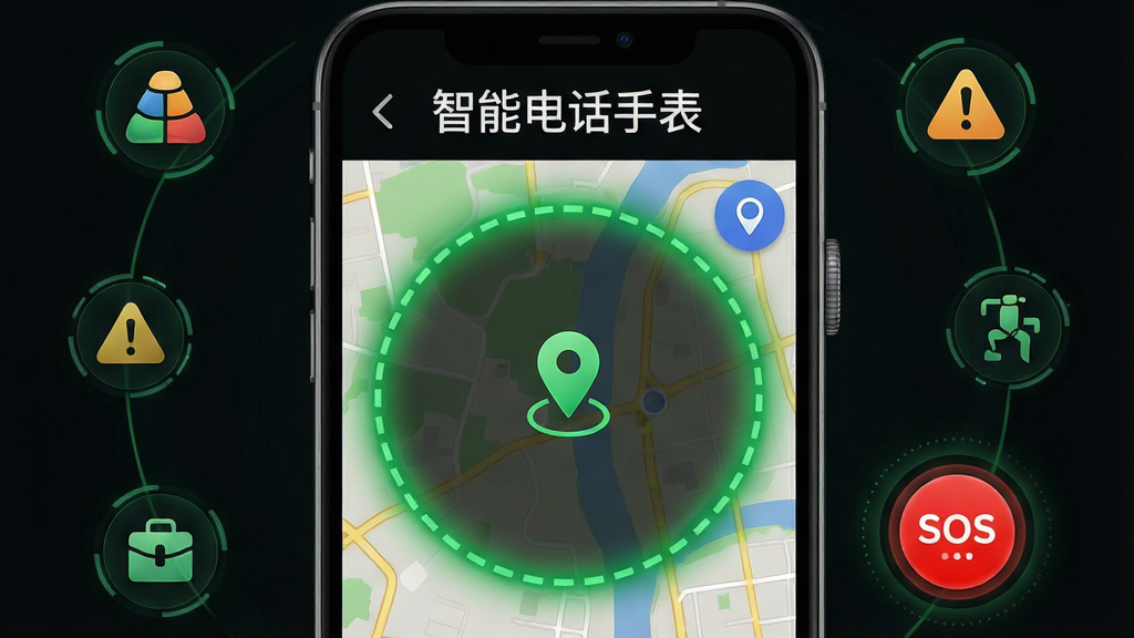一张表现智能电话手表安全围栏功能的AI生成图,画面主体为一部智能手机,屏幕上显示着地图界面,地图上有一个用绿色虚线围成的圆形区域,区域中心有一个定位图标,手机旁边有警示图标和SOS按钮图标,布局采用中心构图,手机居中,周围环绕安全图标,风格为安全防护科技风,细节上绿色虚线围栏有发光效果,SOS按钮为红色圆形,画质高清,画面干净,无多余元素,图片中可包含文字“智能电话手表”在屏幕上方。
