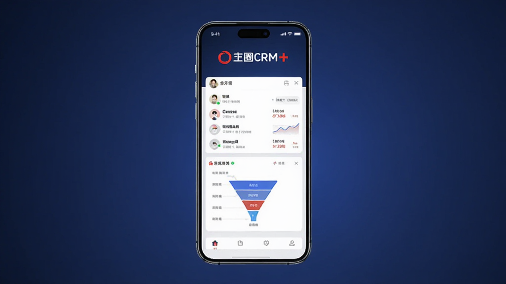 主体是一台智能手机屏幕显示红圈CRM+软件界面,布局为手机居中放置于深蓝色渐变背景上,排版简洁大气,风格为现代科技商务风,细节包括界面中展示客户列表和销售漏斗图表,屏幕上方有红圈CRM+文字标识,画质高清干净无多余元素