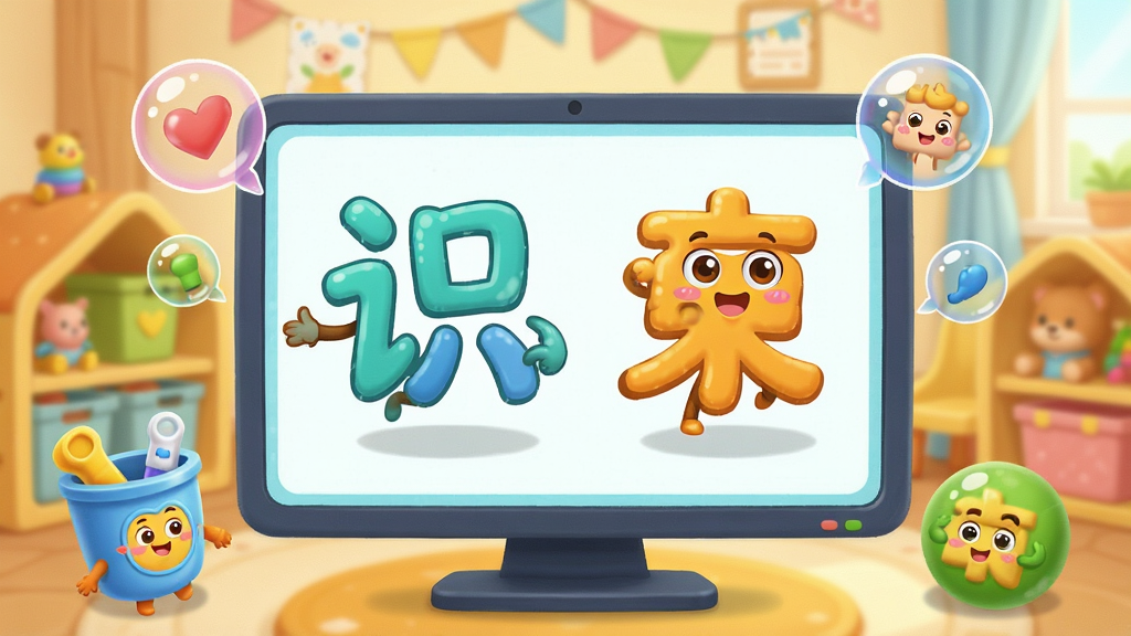 一张宝宝识字学汉字趣味动画教学场景图,画面中卡通汉字角色在屏幕上活灵活现地表演,周围有各种学习道具和彩色气泡,背景是温馨的儿童学习空间,风格活泼可爱,色彩鲜艳明快,画质清晰,无多余元素
