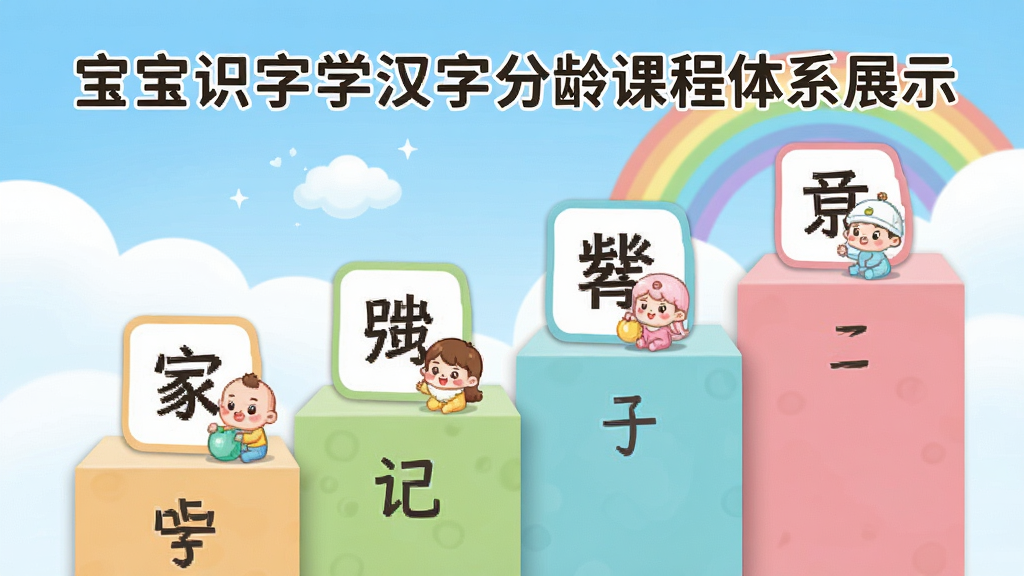 一张宝宝识字学汉字分龄课程体系展示图,画面中显示阶梯状的课程进度条,每个台阶上有不同难度的汉字卡片和对应的卡通形象,背景是蓝天白云和彩虹,风格清新明快,色彩柔和,画质高清,无多余元素