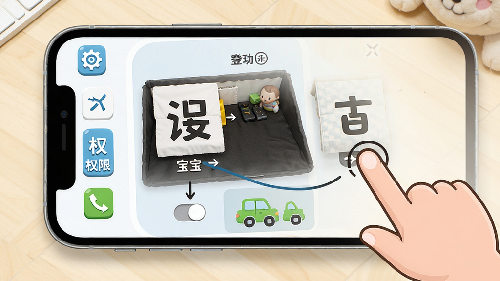 一张宝宝识字学汉字使用教程示意图,画面展示手机屏幕上的软件操作界面,旁边有卡通手指指引点击步骤,屏幕周围有设置图标、权限开关等元素,背景是简洁的浅色桌面,风格清晰直观,画质高清,无多余元素