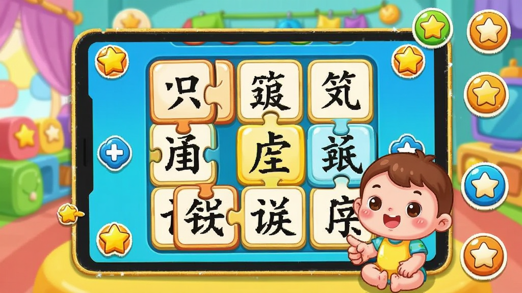 一张宝宝识字学汉字互动游戏界面图,画面展示卡通风格的汉字拼图游戏场景,屏幕上有汉字卡片和可爱的游戏角色,周围有星星和奖励图标,背景是色彩缤纷的游戏空间,风格活泼有趣,画质清晰,无多余元素