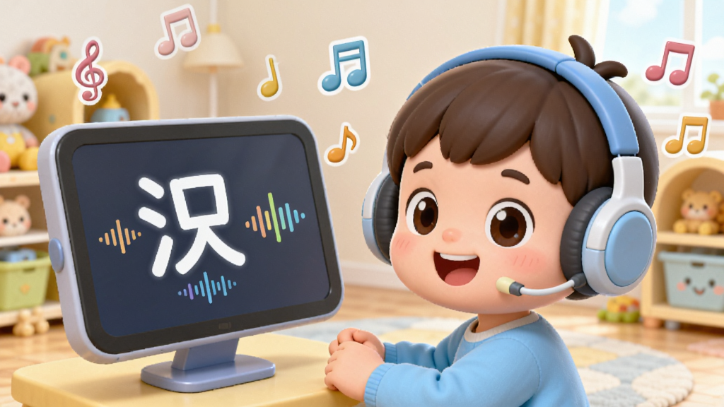 一张宝宝识字学汉字真人发音功能展示图,画面中一个卡通小朋友戴着耳机,面前屏幕上显示汉字和声波图标,周围有音符和发音符号飘浮,背景是明亮的儿童房间,风格温馨可爱,色彩柔和,画质高清,无多余元素