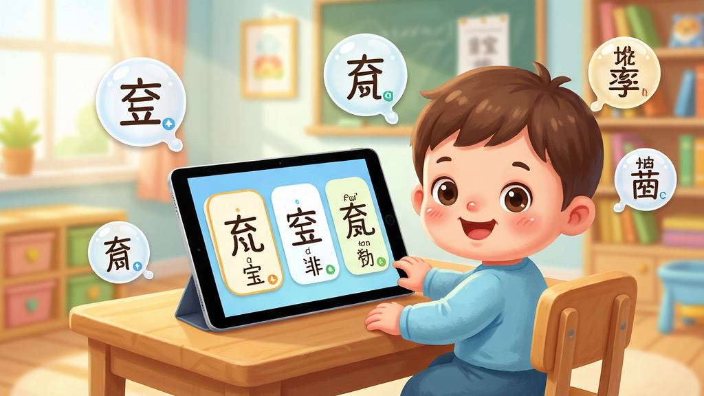 一张展示宝宝识字学汉字软件界面的图片,画面中央是卡通风格的儿童学习场景,一个可爱的卡通宝宝坐在书桌前,面前是平板电脑,屏幕上显示着汉字卡片和拼音标注,周围环绕着各种汉字和拼音气泡,背景是明亮的教室或家庭书房环境,整体风格清新可爱,色彩柔和温暖,画面干净整洁,无多余元素,高清画质,适合作为软件宣传图