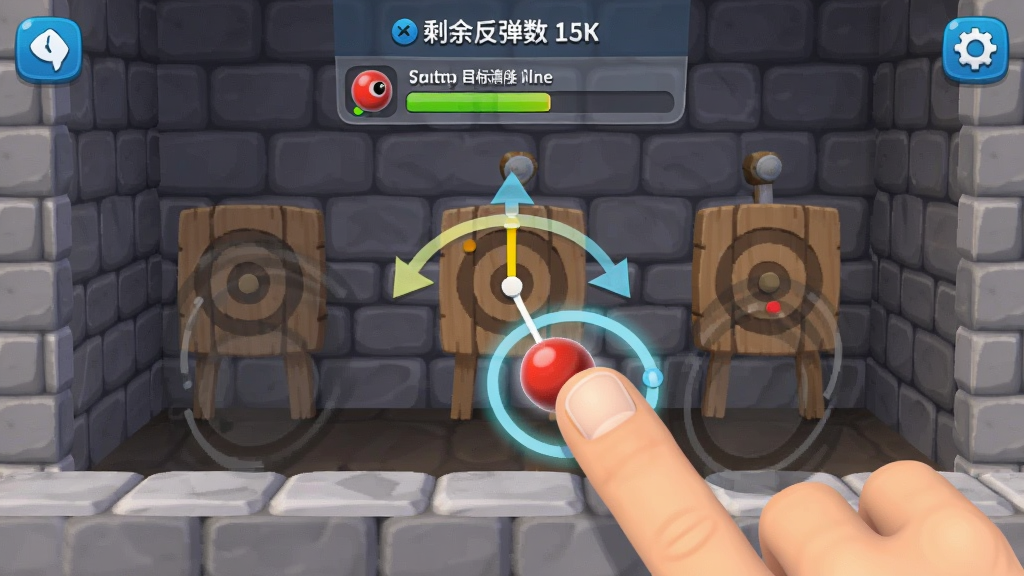 Marblebound新手教程关卡的手机界面截图,画面中一只手指正在拖拽弹珠调整发射角度,屏幕上方显示剩余反弹次数与目标清除进度,背景是石砖墙壁与木质靶子,布局为竖屏手机比例,风格简洁明快,细节包含手指触控高亮圈与角度指示箭头,画质清晰干净,无多余元素